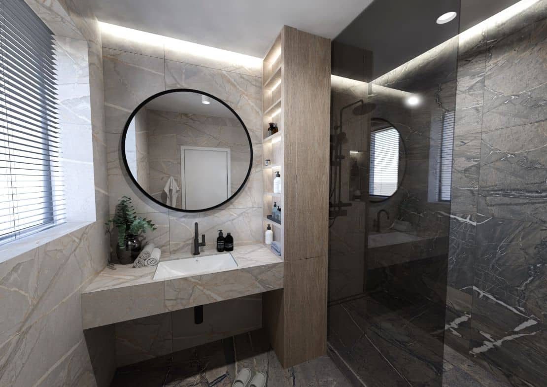 Návrh dravé koupelny – velkoformátová dlažba v imitaci mramoru v nadčasové kombinaci