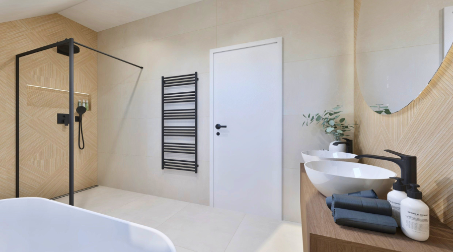 3D návrh moderní koupelny v podkroví se dvěma variantami umístění dřevěného dekoru Porcelanosa, volně stojící vanou Ravak a černými detaily Hansgrohe.