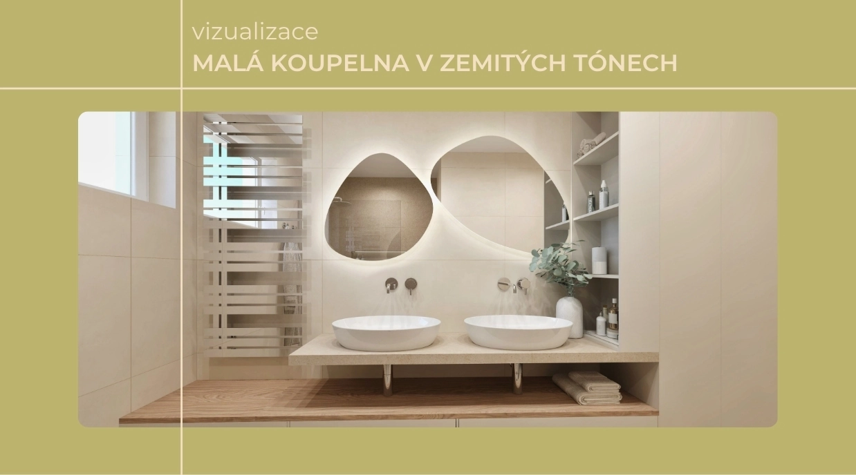 Vizualizace malé koupelny v zemitých tónech s nikou, walk-in sprchou a dvěma umyvadly
