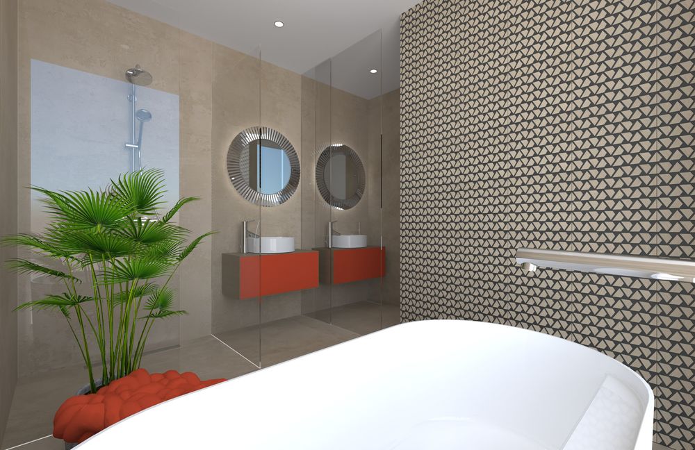 Návrh famózní koupelny s mozaikou Atlas Concorde Raw a volně stojící vanou