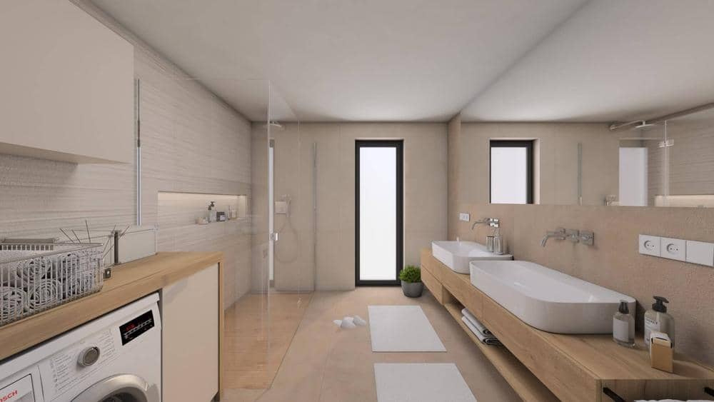 Návrh moderní světlé koupelny s 3D obklady