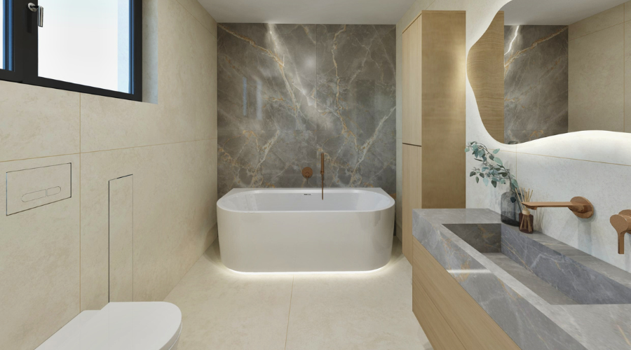 Moderní koupelna v rodinném domě s travertinovým obkladem AC Travertine CrossWhite, umyvadlem z keramiky a baterií Steinberg 290 v broušeném černém chromu Nadpis: Tři moderní koupelny v rodinném domě: travertin, velkoformátový obklad a nadčasový deta