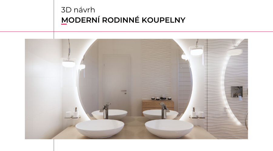 Vizualizace moderní rodinné koupelny: 3D obklady, volně stojící vana a design bez kompromisů