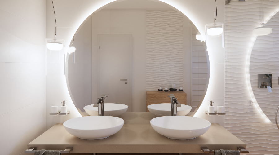 Vizualizace moderní rodinné koupelny: 3D obklady, volně stojící vana a design bez kompromisů