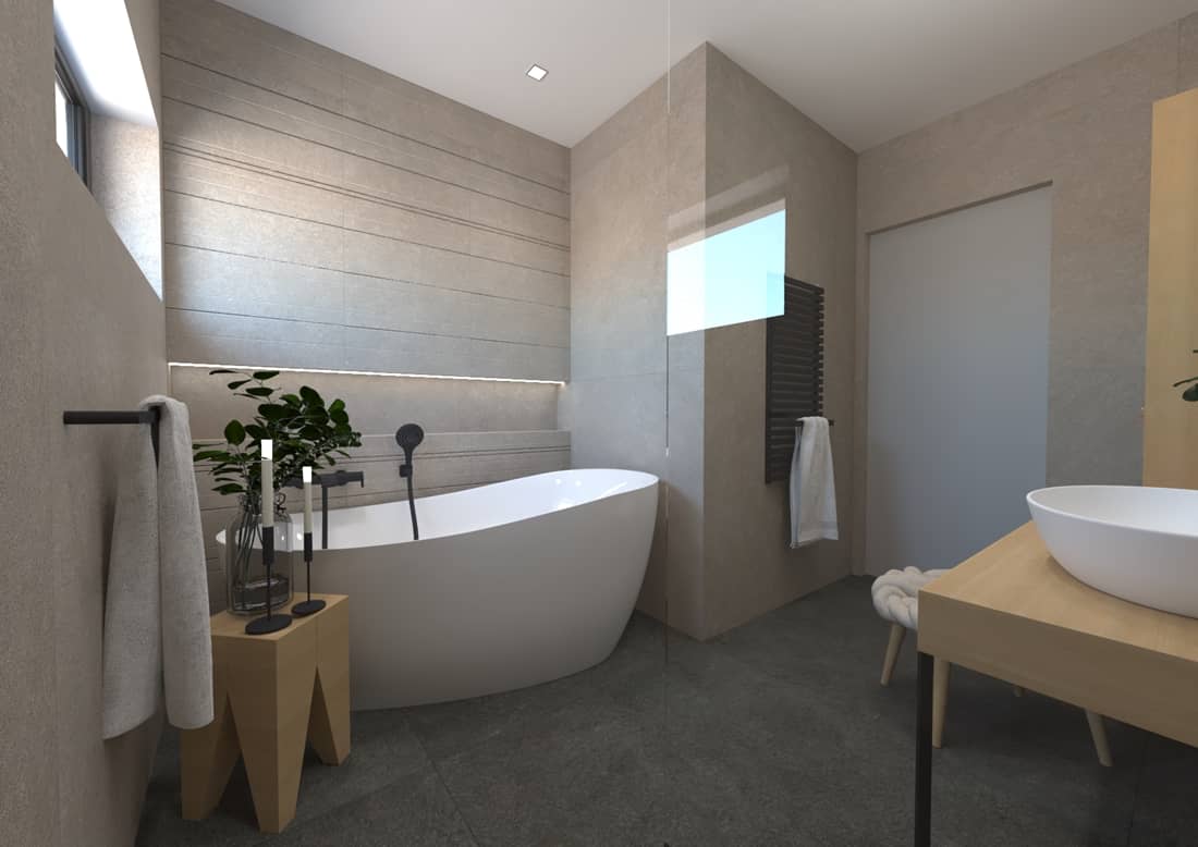 Vizualizace sladěné koupelny s vanou a WC místnosti do zemitých tónů