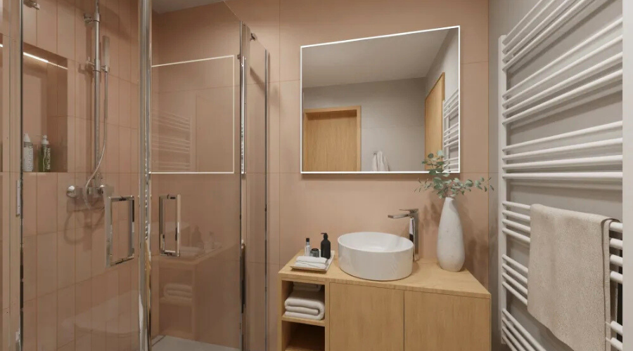 Návrh dvou koupelen: od hostovské v růžové po hlavní relaxační zónu s vanou i sprchou