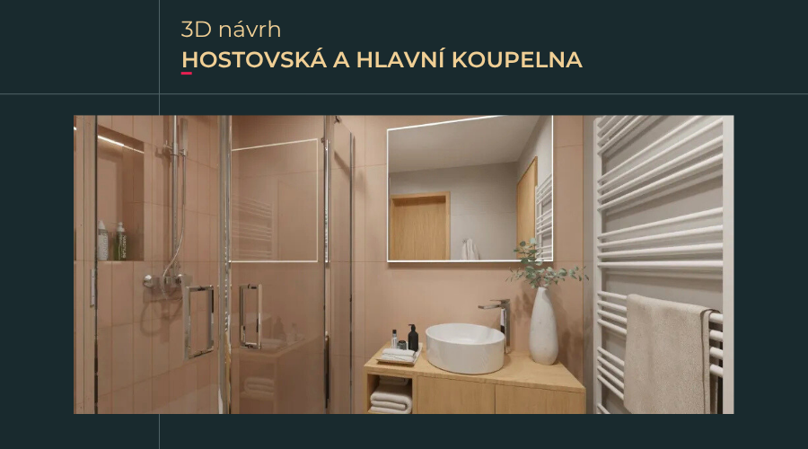 3D vizualizace návrhu hostovské a hlavní koupelny – kombinace jemného růžového obkladu, dřevěné umyvadlové skříňky a moderního sprchového koutu s prosklenou zástěnou.