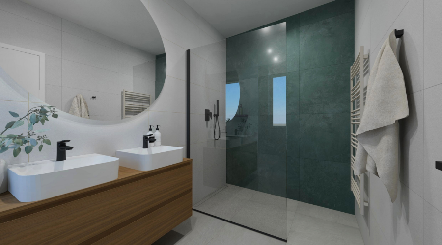Návrh koupelny se sprchovým koutem a zeleným akcentem