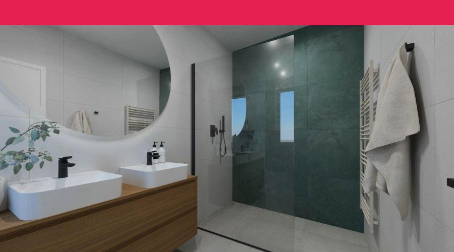 3D návrh koupelny se sprchovým koutem, zeleným obkladem ve sprše, dvojumyvadlem na dřevěné skříňce, černými bateriemi a kulatým zrcadlem.