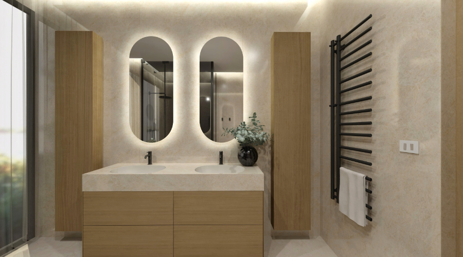 Návrh koupelny s velkoformátovou dlažbou Travertine: přírodní elegance, černé doplňky a dřevo