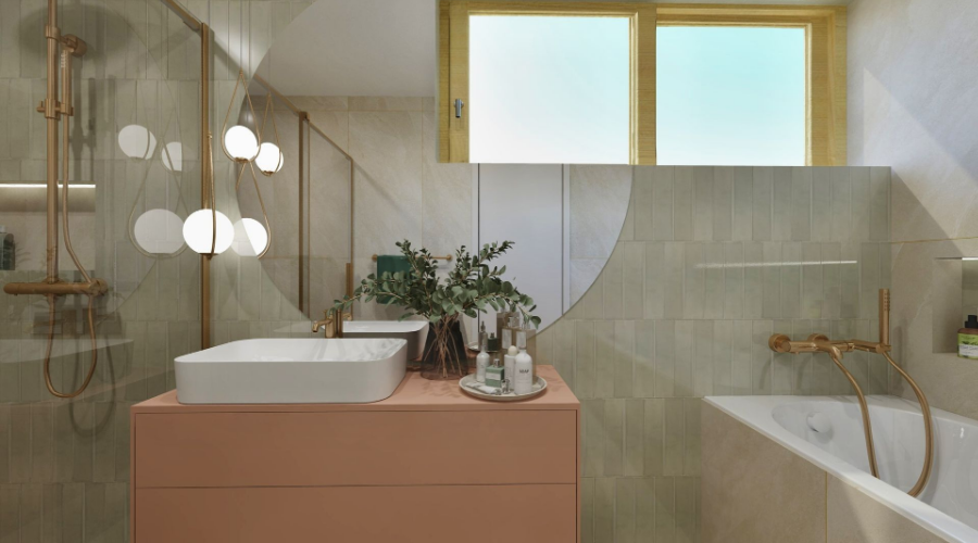 BÉŽOVÁ KOUPELNA S MERUŇKOVÝM AKCENTEM 