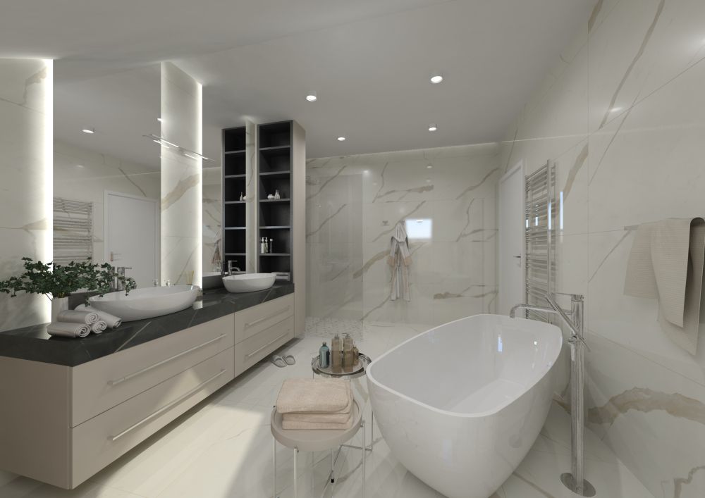 Návrh mramorové koupelny s volně stojící vanou: dokonalé spojení luxusu s praktičností