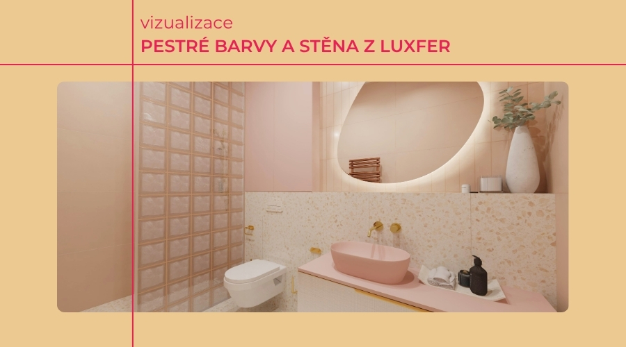 Vizualizace barevných koupelen: pestré odstíny, zlaté doplňky i stěna z luxfer