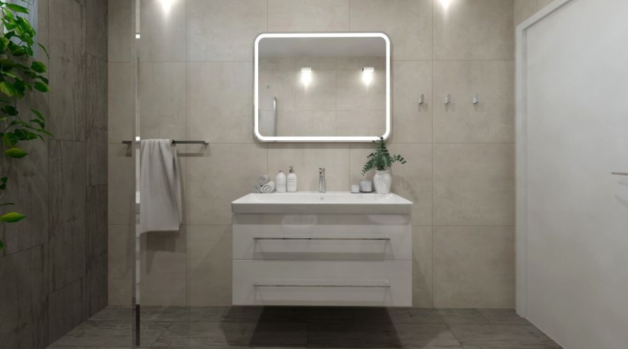 Návrh moderní šedé koupelny v novostavbě: obklady a dlažba v imitaci dřeva a betonu, prémiová sanita i designové doplňky