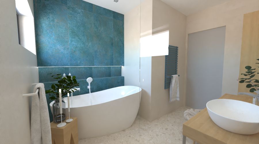 Návrh svěží koupelny s tyrkysovým akcentem – obklady v imitaci betonu, kamene i kovu