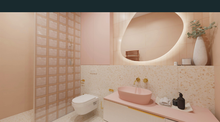 Vizualizace barevných koupelen: pestré odstíny, zlaté doplňky i stěna z luxfer