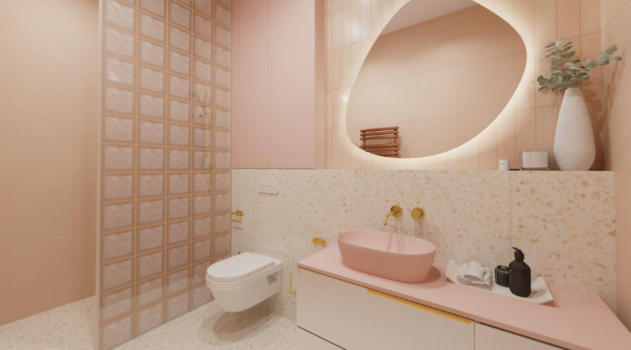 Vizualizace barevných koupelen: pestré odstíny, zlaté doplňky i stěna z luxfer