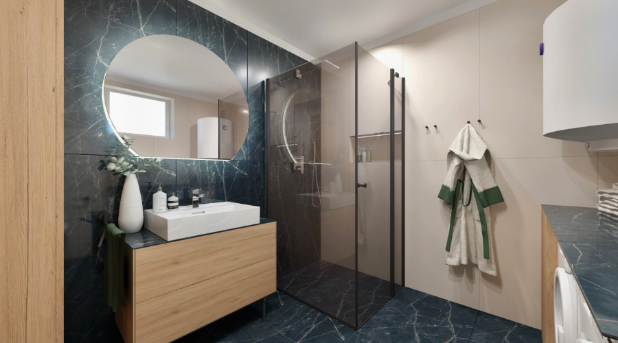 Vizualizace koupelny se sprchovým koutem, černým kamenným obkladem, béžovými stěnami a dřevěnou umyvadlovou skříňkou s deskou, doplněná černou sprchovou zástěnou a kulatým zrcadlem.