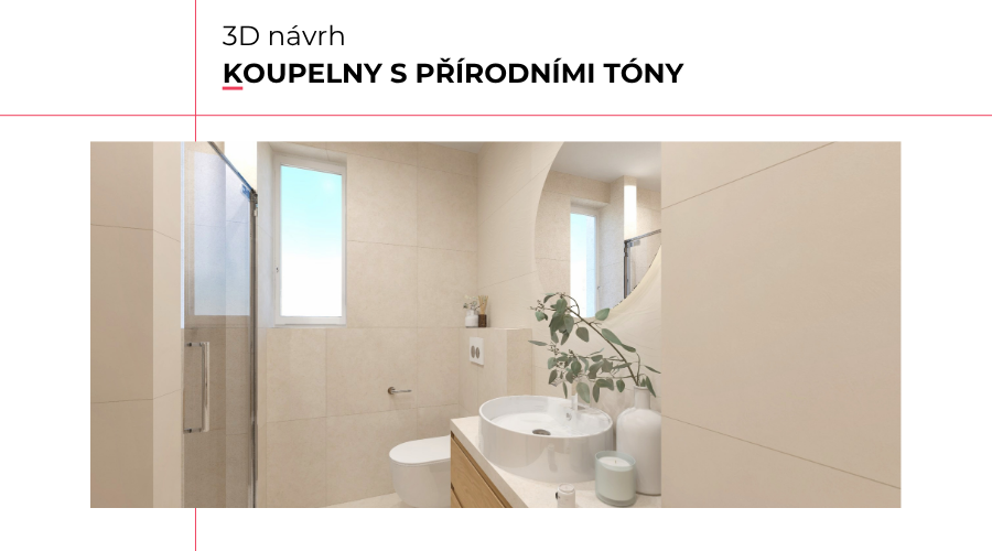 Vizualizace moderní koupelny: přírodní tóny, strukturované obklady a čisté linie