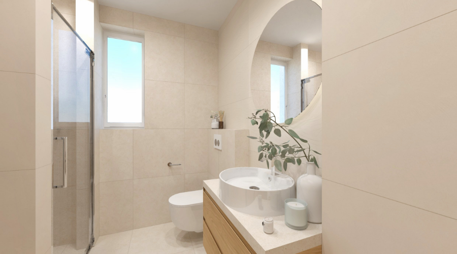 Vizualizace moderní koupelny: přírodní tóny, strukturované obklady a čisté linie