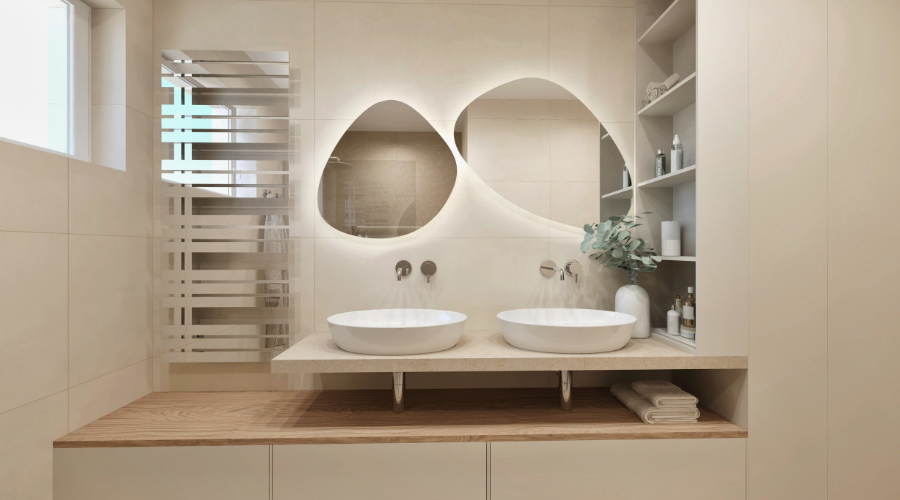 Vizualizace malé koupelny v zemitých tónech s nikou, walk-in sprchou a dvěma umyvadly