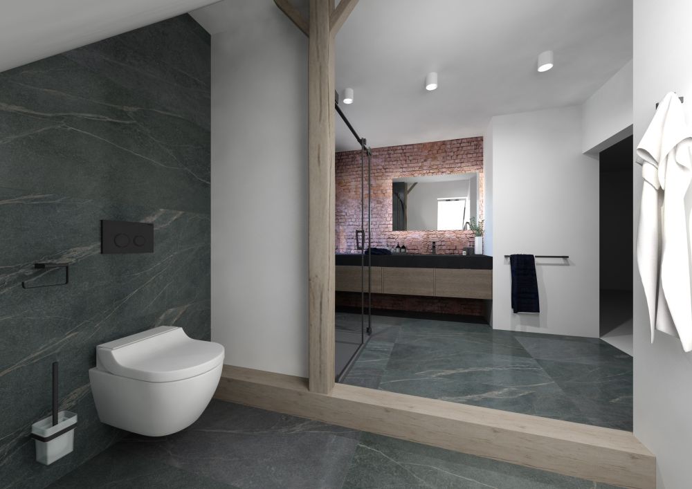Návrh kamenné koupelny: velkoformátové obklady a dlažba, zapuštěné umyvadlo i zajímavé kontrasty 3
