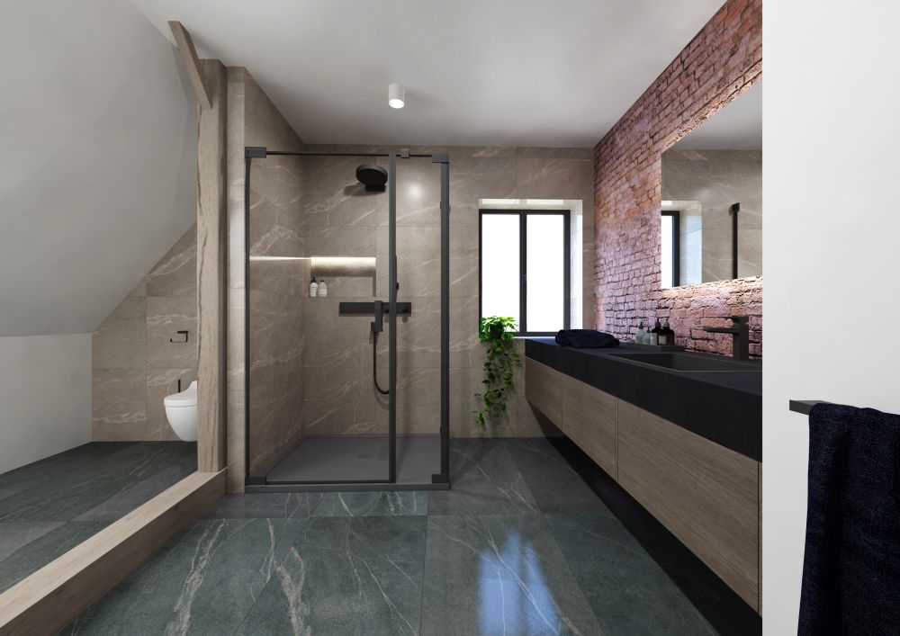 Návrh kamenné koupelny: velkoformátové obklady a dlažba, zapuštěné umyvadlo i zajímavé kontrasty 8