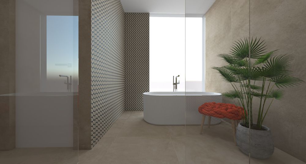 Návrh famózní koupelny s mozaikou Atlas Concorde Raw a volně stojící vanou 1