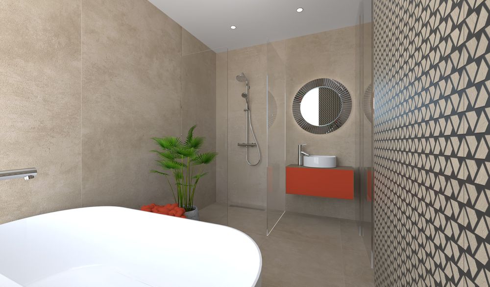 Návrh famózní koupelny s mozaikou Atlas Concorde Raw a volně stojící vanou 2