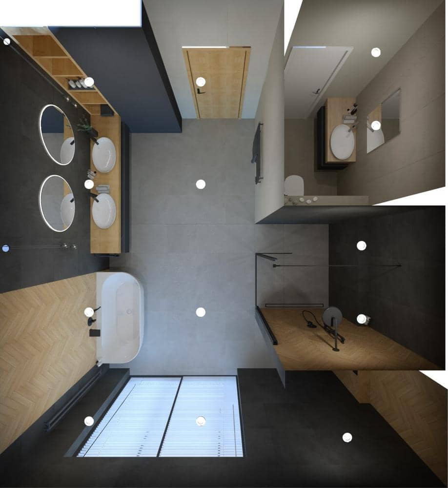 Návrh šedé koupelny se dřevěnými obklady 0