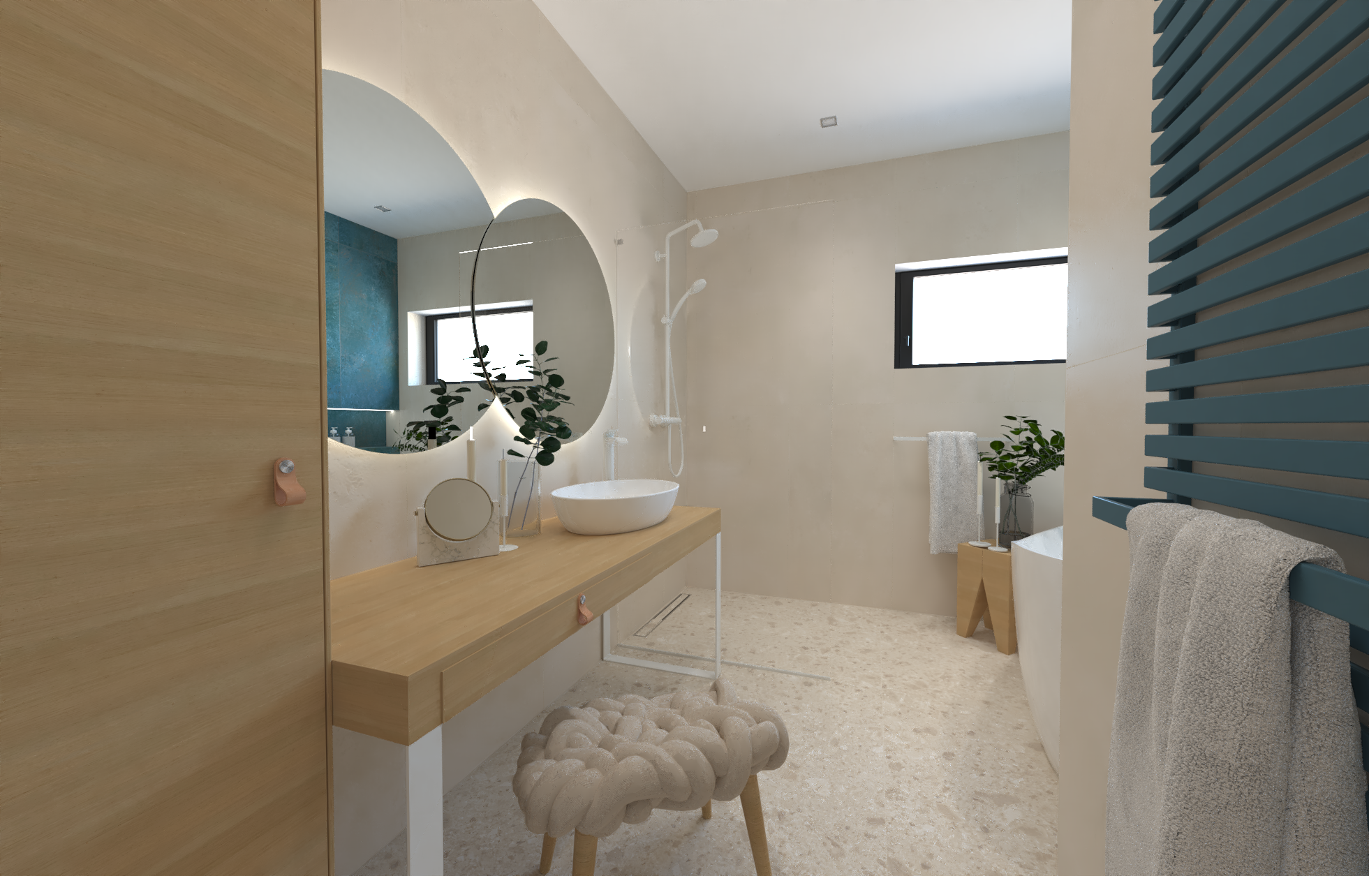 Návrh svěží koupelny s tyrkysovým akcentem – obklady v imitaci betonu, kamene i kovu, volně stojící vana a designové doplňky 1
