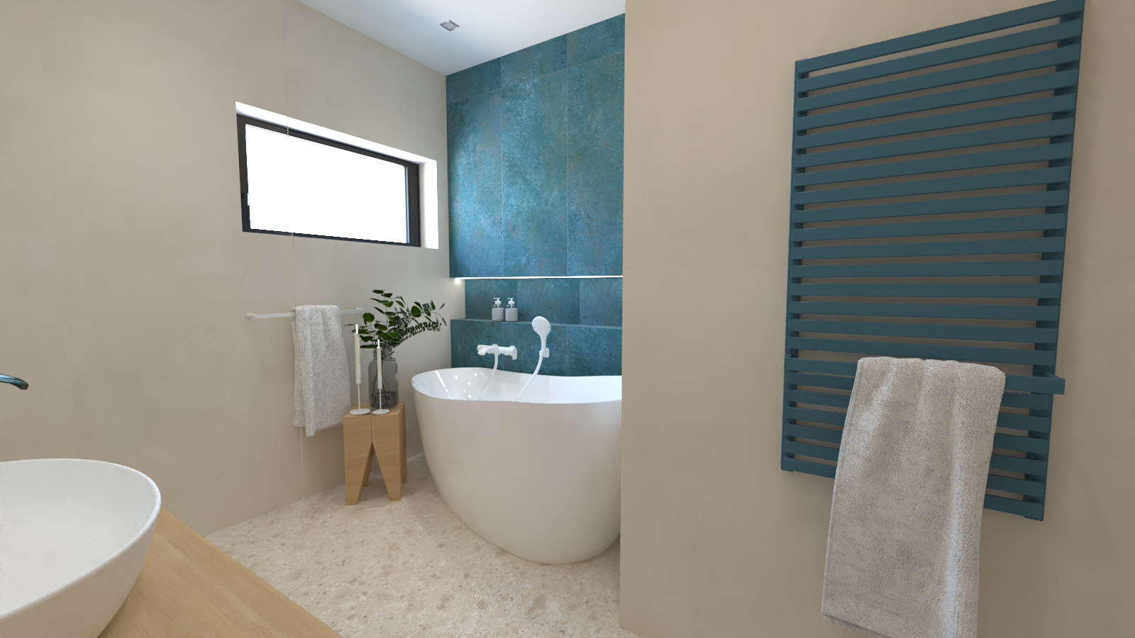 Návrh svěží koupelny s tyrkysovým akcentem – obklady v imitaci betonu, kamene i kovu, volně stojící vana a designové doplňky 2
