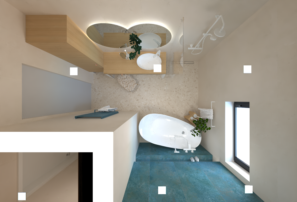 Návrh svěží koupelny s tyrkysovým akcentem – obklady v imitaci betonu, kamene i kovu, volně stojící vana a designové doplňky 3