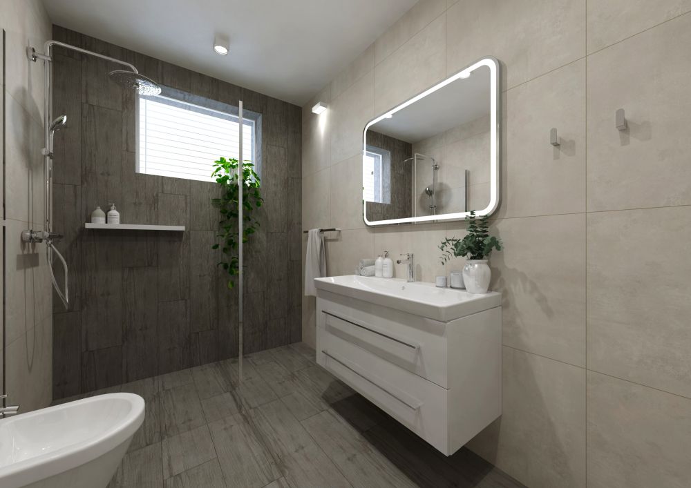 Návrh moderní šedé koupelny v novostavbě: obklady a dlažba v imitaci dřeva a betonu, prémiová sanita i designové doplňky 0