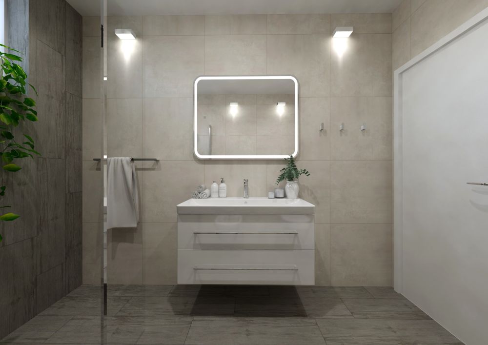 Návrh moderní šedé koupelny v novostavbě: obklady a dlažba v imitaci dřeva a betonu, prémiová sanita i designové doplňky 1