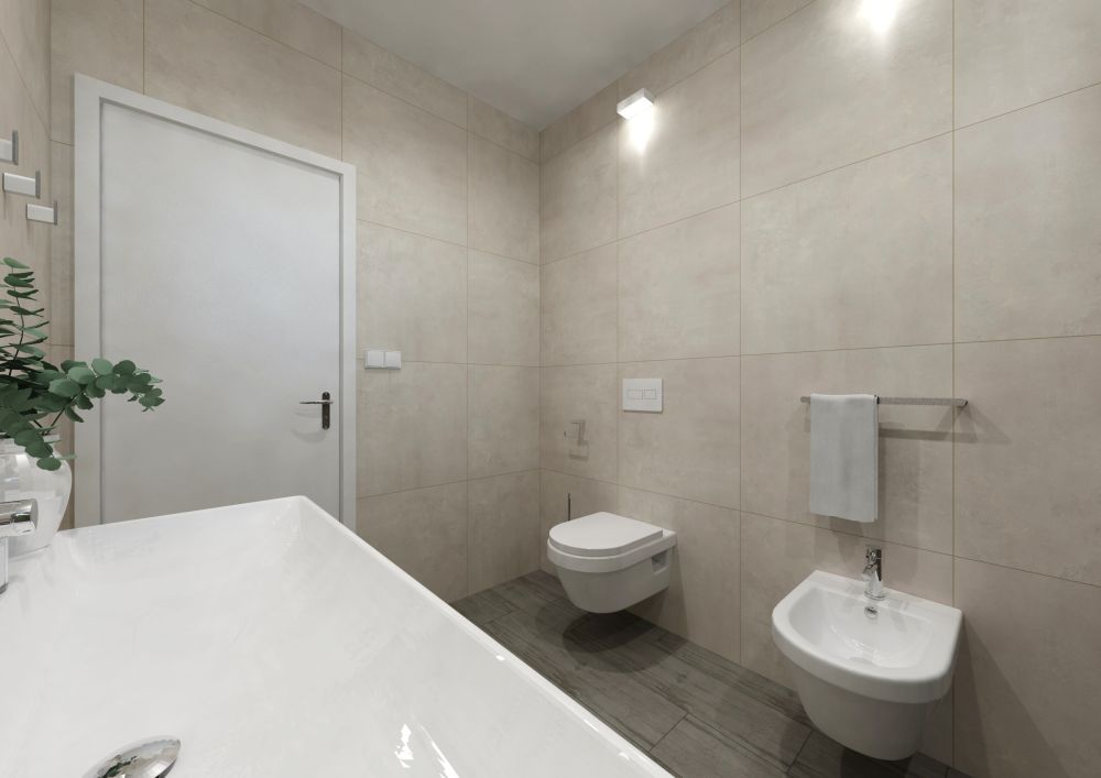 Návrh moderní šedé koupelny v novostavbě: obklady a dlažba v imitaci dřeva a betonu, prémiová sanita i designové doplňky 3
