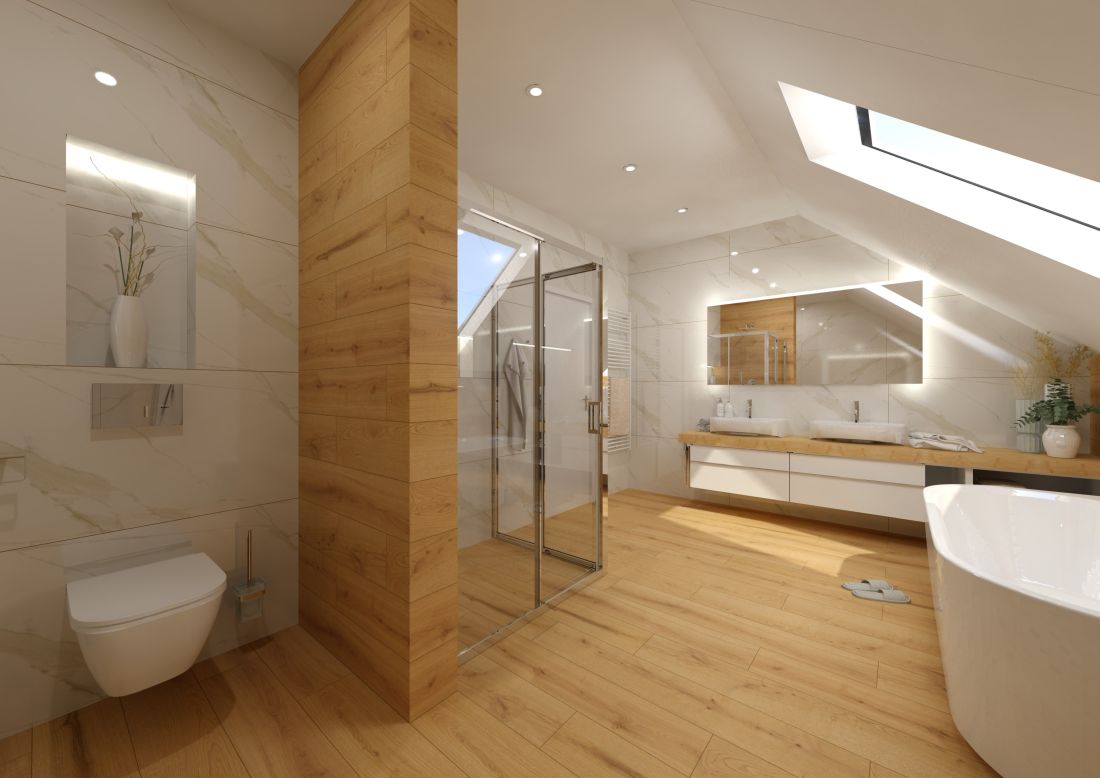 Návrh velkolepé koupelny – obklady a dlažba v imitaci dřeva a mramoru, volně stojící vana i sprcha bez vaničky 0