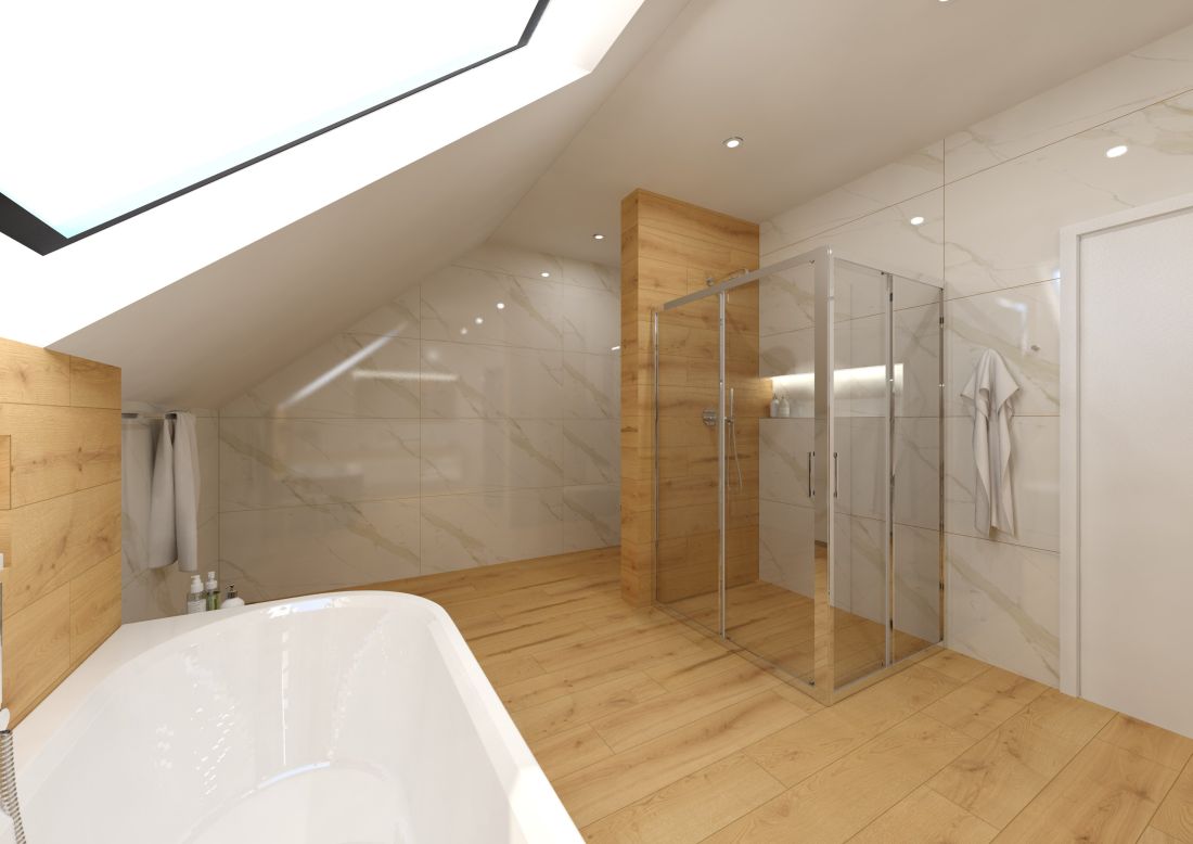 Návrh velkolepé koupelny – obklady a dlažba v imitaci dřeva a mramoru, volně stojící vana i sprcha bez vaničky 1