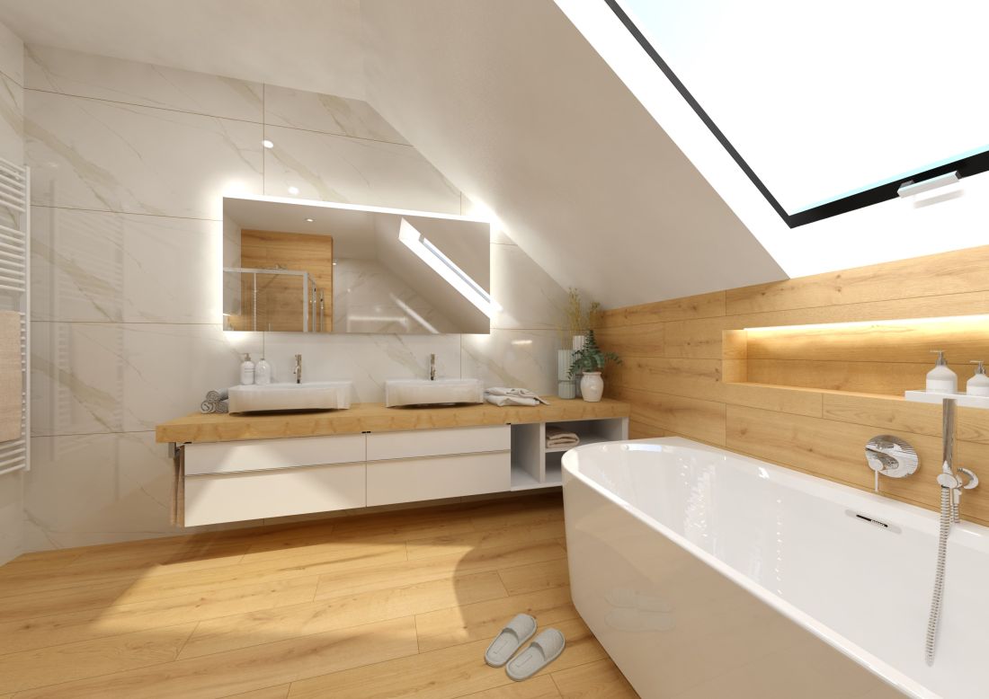 Návrh velkolepé koupelny – obklady a dlažba v imitaci dřeva a mramoru, volně stojící vana i sprcha bez vaničky 2
