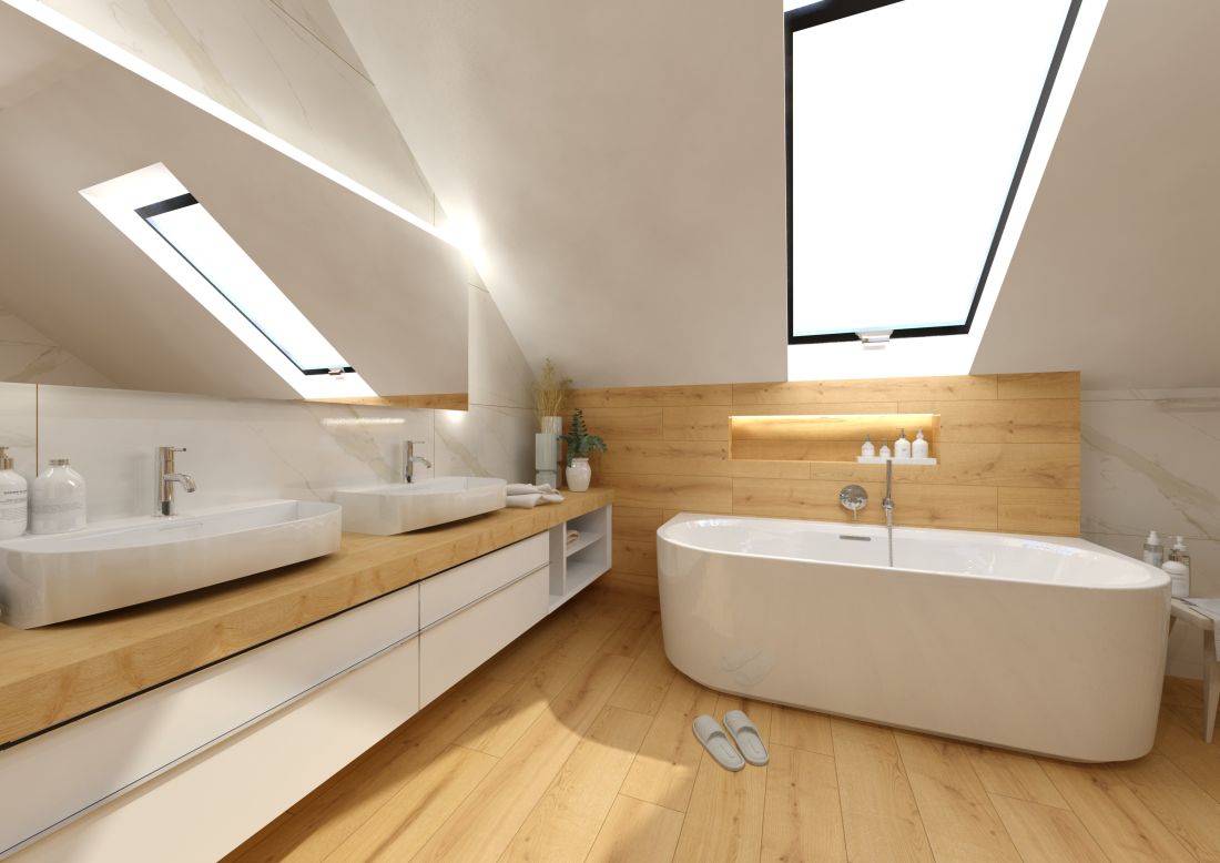 Návrh velkolepé koupelny – obklady a dlažba v imitaci dřeva a mramoru, volně stojící vana i sprcha bez vaničky 3