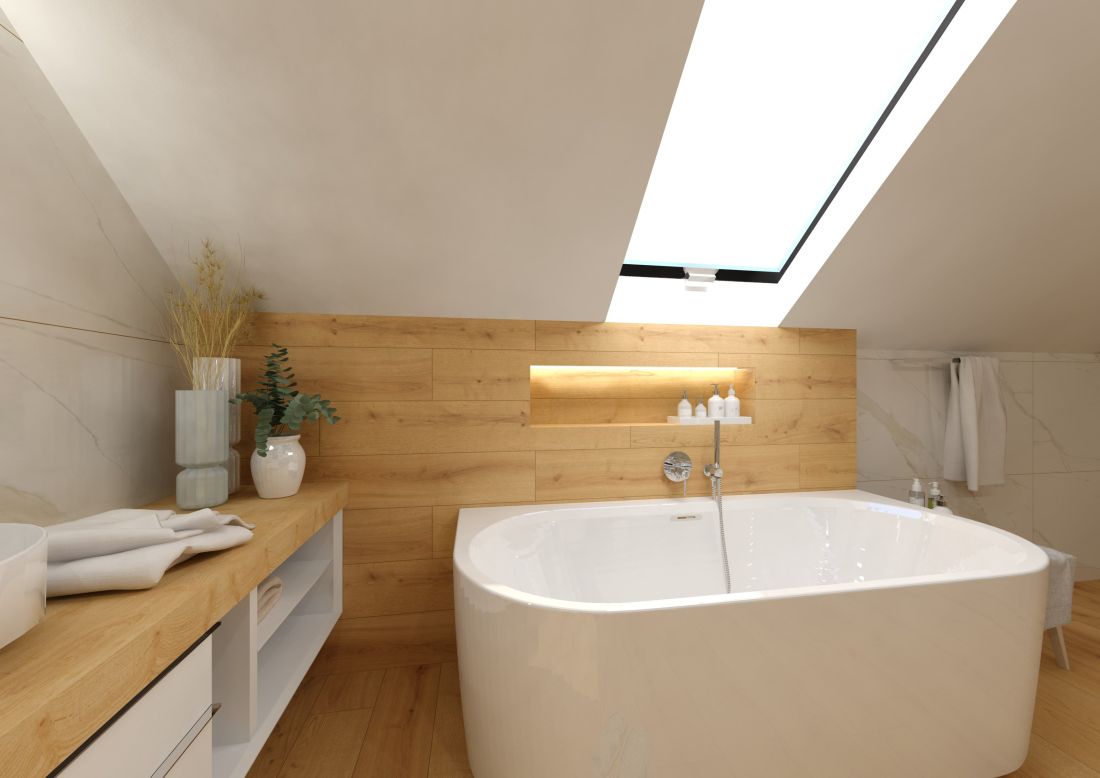 Návrh velkolepé koupelny – obklady a dlažba v imitaci dřeva a mramoru, volně stojící vana i sprcha bez vaničky 4