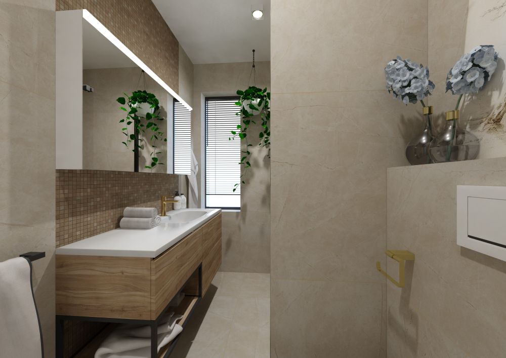 Návrh moderní koupelny pro hosty: obklady a mozaika v teplých barvách, chytrá sanita i zlaté doplňky 2