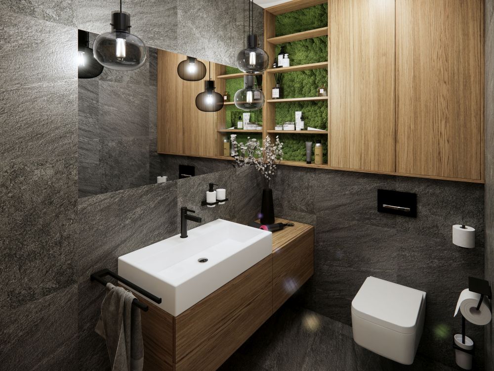 Návrh dvou elegantních koupelen a WC: velkoformátové obklady v imitaci přírodních materiálů, kvalitní sanita a černé doplňky 1