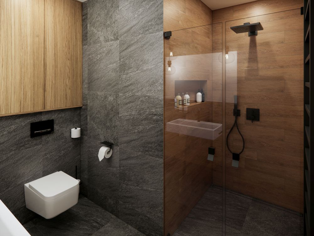 Návrh dvou elegantních koupelen a WC: velkoformátové obklady v imitaci přírodních materiálů, kvalitní sanita a černé doplňky 3