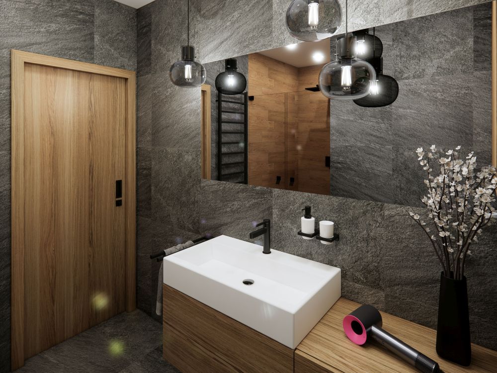 Návrh dvou elegantních koupelen a WC: velkoformátové obklady v imitaci přírodních materiálů, kvalitní sanita a černé doplňky 7