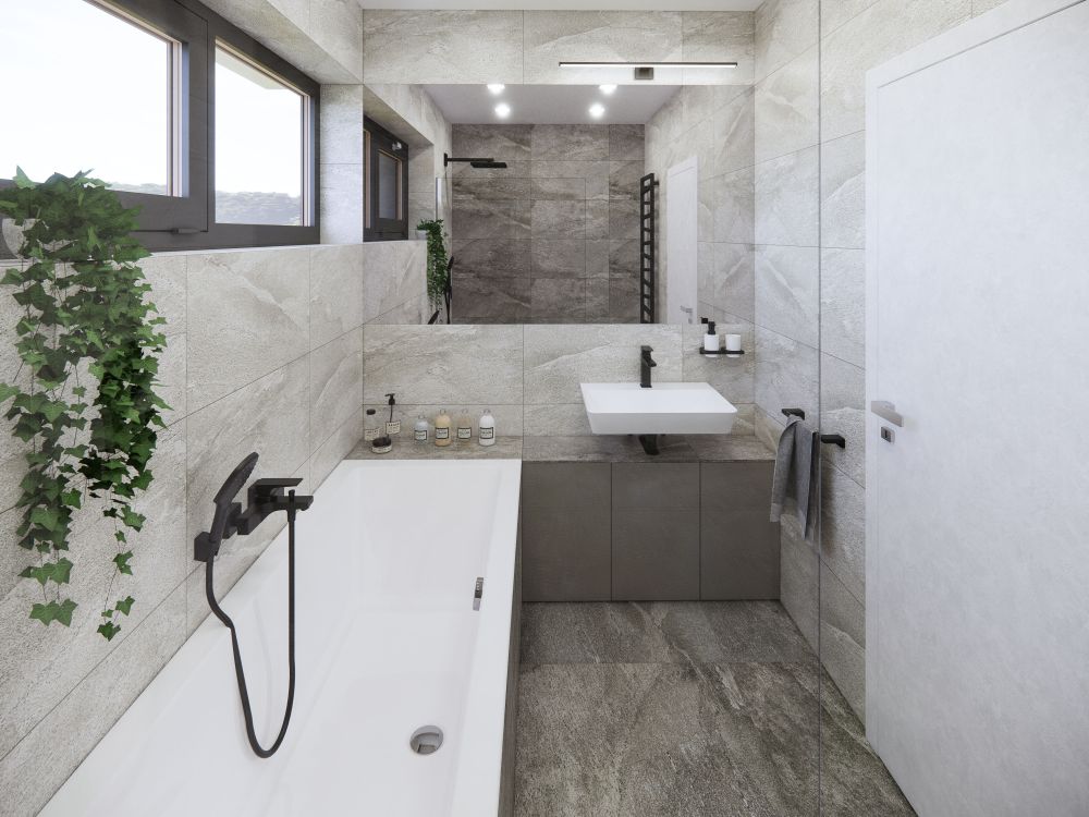 Návrh dvou elegantních koupelen a WC: velkoformátové obklady v imitaci přírodních materiálů, kvalitní sanita a černé doplňky 9