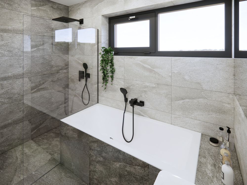 Návrh dvou elegantních koupelen a WC: velkoformátové obklady v imitaci přírodních materiálů, kvalitní sanita a černé doplňky 14
