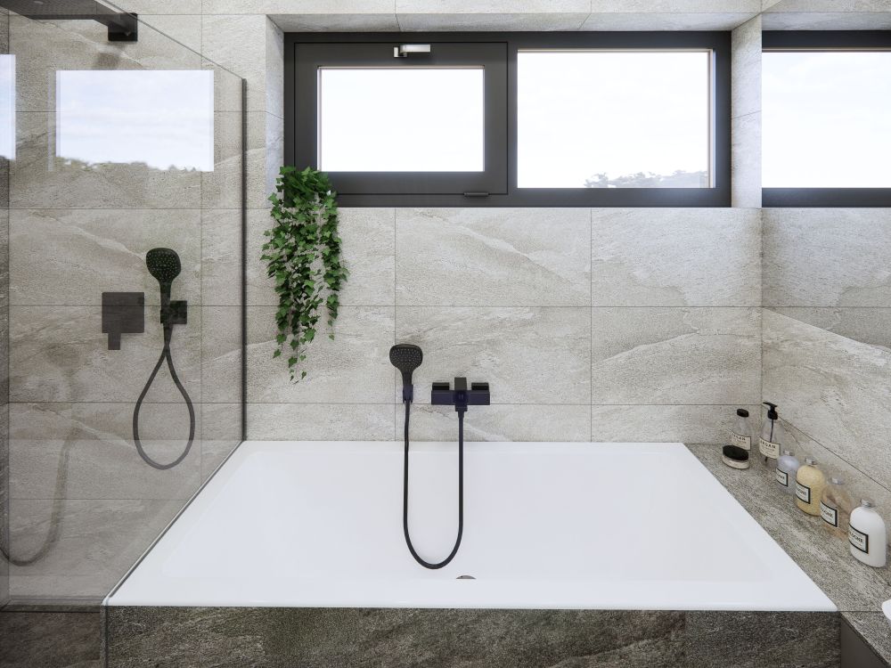 Návrh dvou elegantních koupelen a WC: velkoformátové obklady v imitaci přírodních materiálů, kvalitní sanita a černé doplňky 15