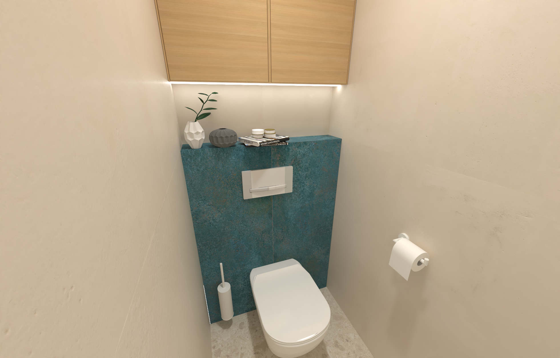 Návrh svěží koupelny s tyrkysovým akcentem – obklady v imitaci betonu, kamene i kovu, volně stojící vana a designové doplňky 5