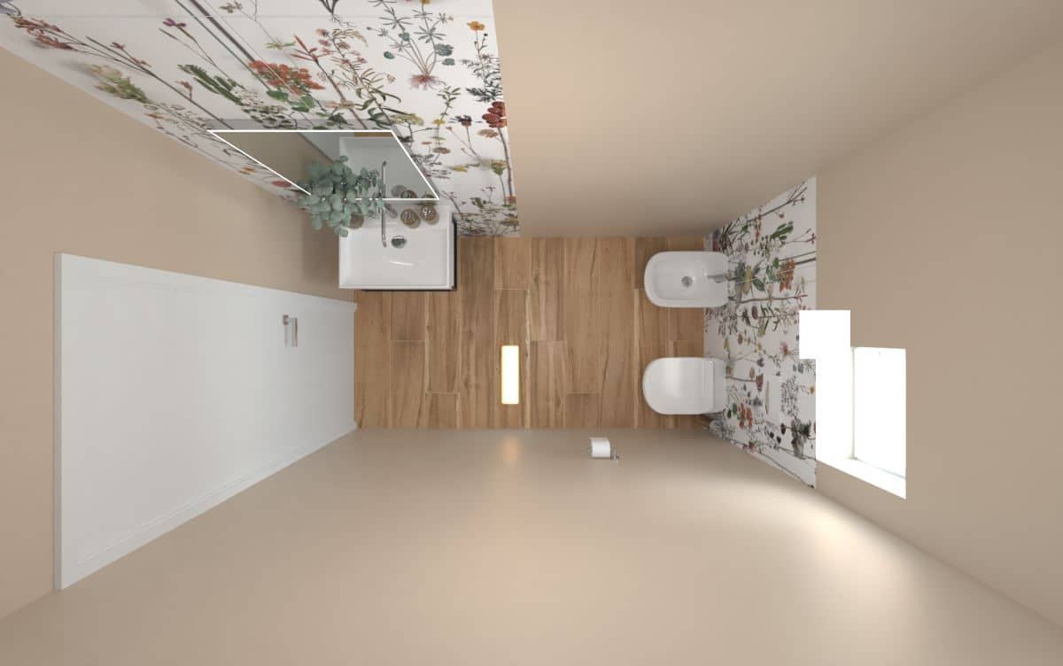 3D návrh místnosti s toaletou - stěrka, obklad s květinami - horní pohled